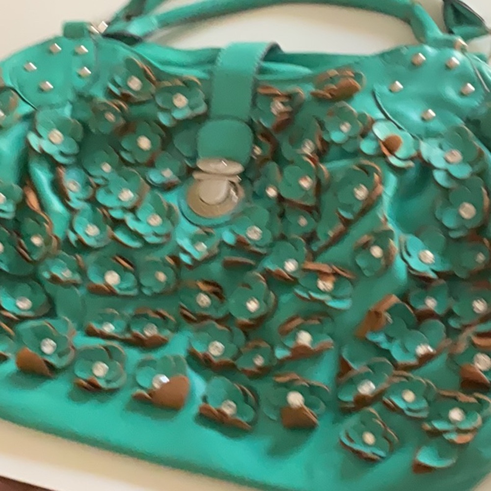 Large teal 3-D with rhinestones, Floral Embellished Green and Brown Handbag